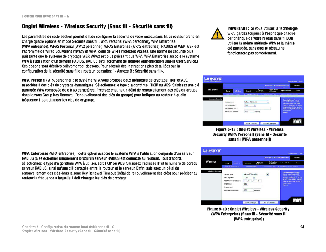 Linksys WRT54G(EU/LA) manual Onglet Wireless Wireless Security Sans fil Sécurité sans fil 