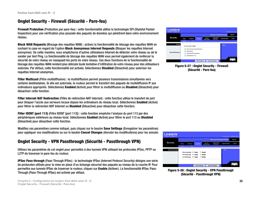 Linksys WRT54G(EU/LA) Onglet Security Firewall Sécurité Pare-feu, Onglet Security VPN Passthrough Sécurité Passthrough VPN 