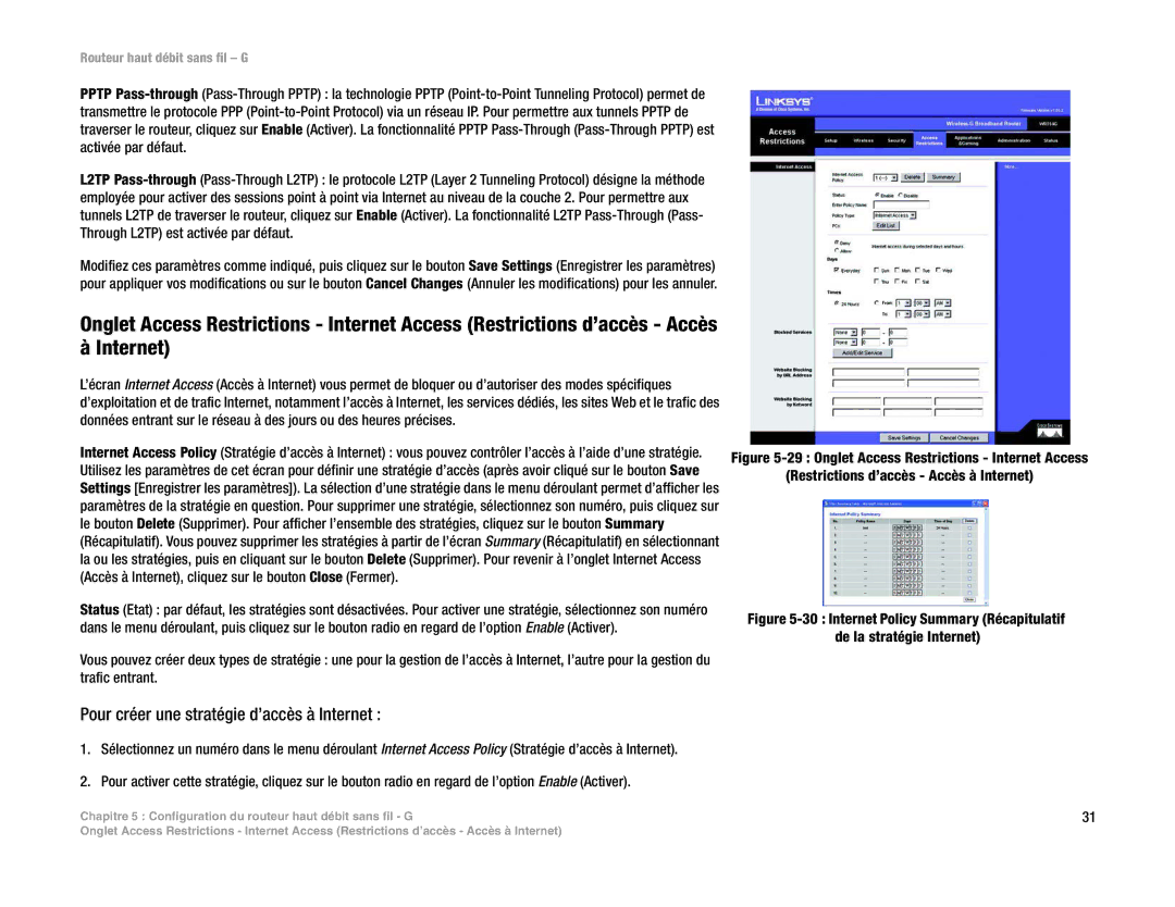 Linksys WRT54G(EU/LA) manual Pour créer une stratégie d’accès à Internet 