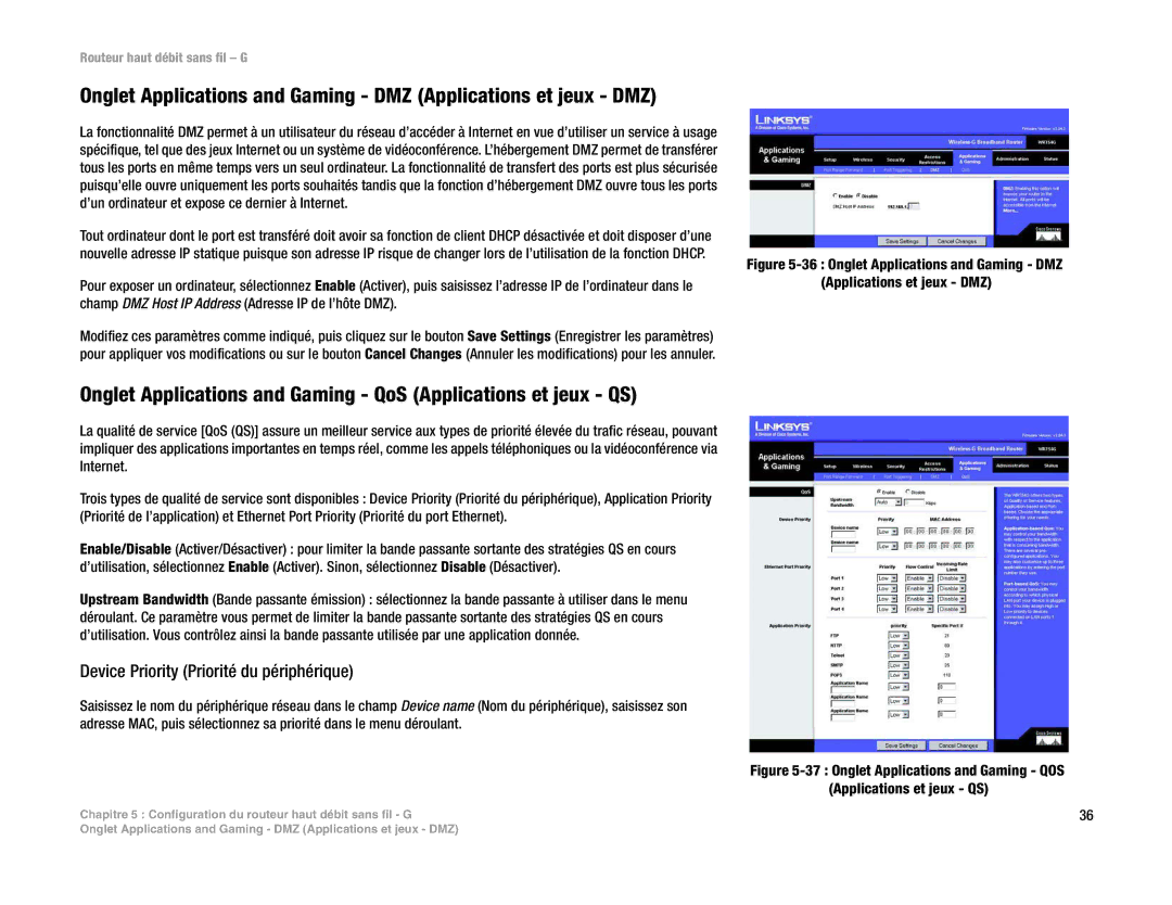 Linksys WRT54G(EU/LA) manual Onglet Applications and Gaming DMZ Applications et jeux DMZ 