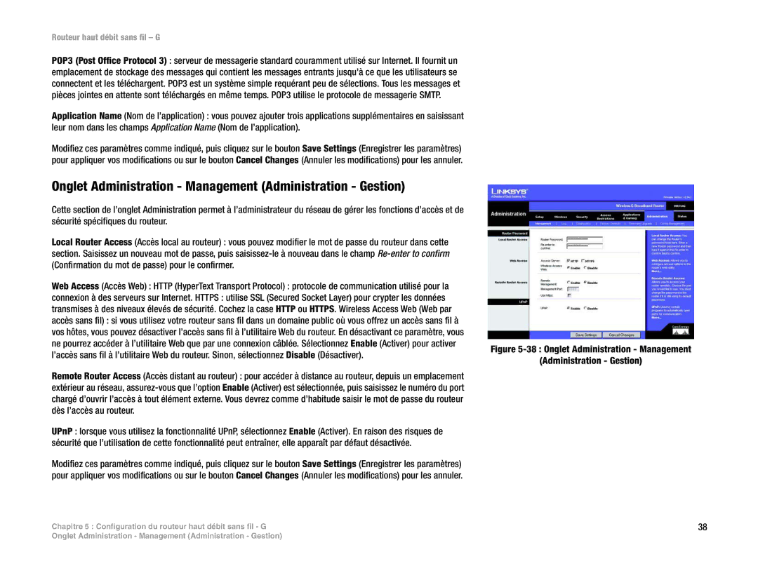 Linksys WRT54G(EU/LA) manual Onglet Administration Management Administration Gestion 