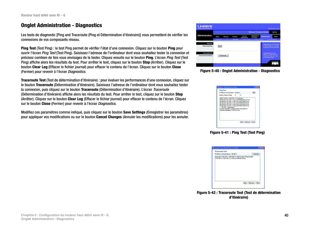 Linksys WRT54G(EU/LA) manual Onglet Administration Diagnostics, Fermer pour revenir à l’écran Diagnostics 