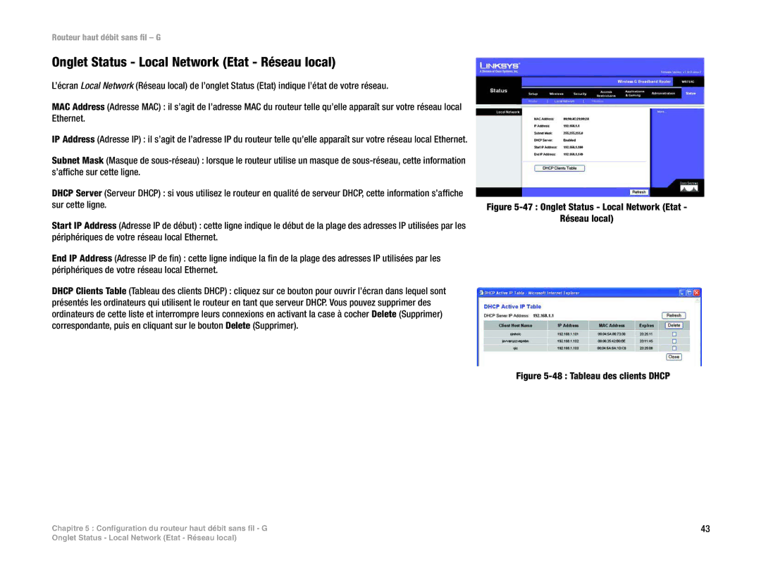 Linksys WRT54G(EU/LA) manual Onglet Status Local Network Etat Réseau local 