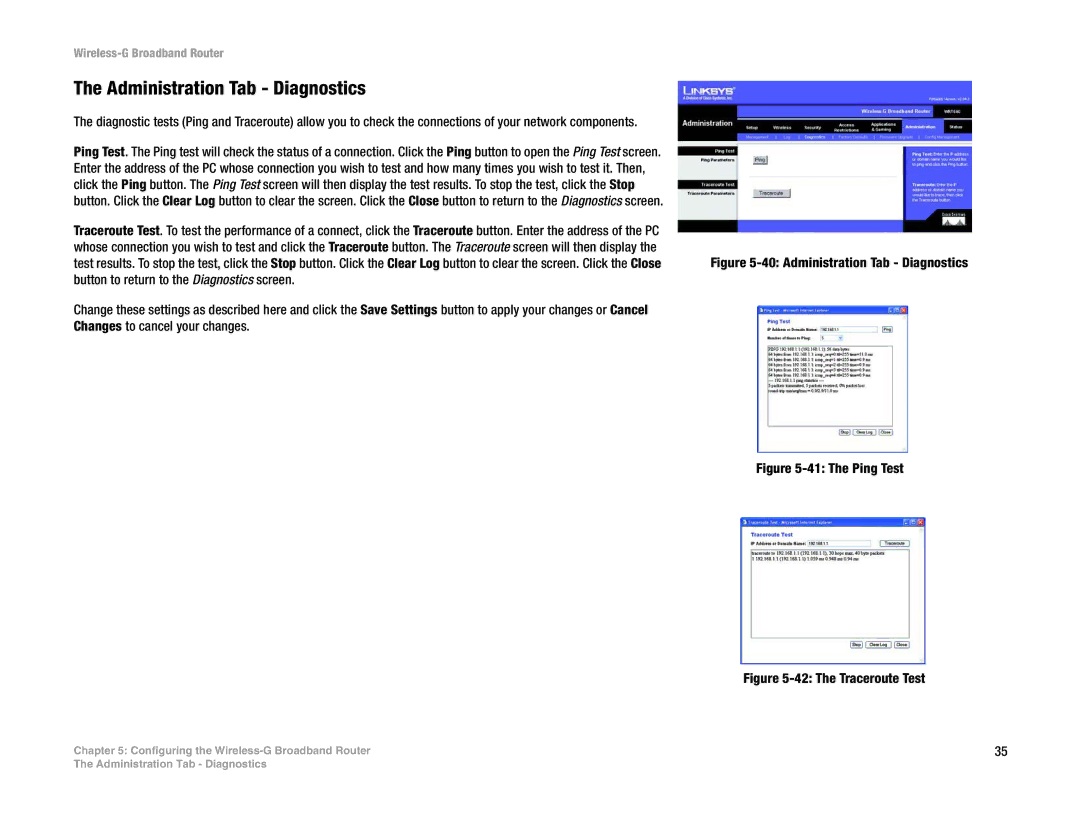 Linksys WRT54G(EU/LA) manual Administration Tab Diagnostics 