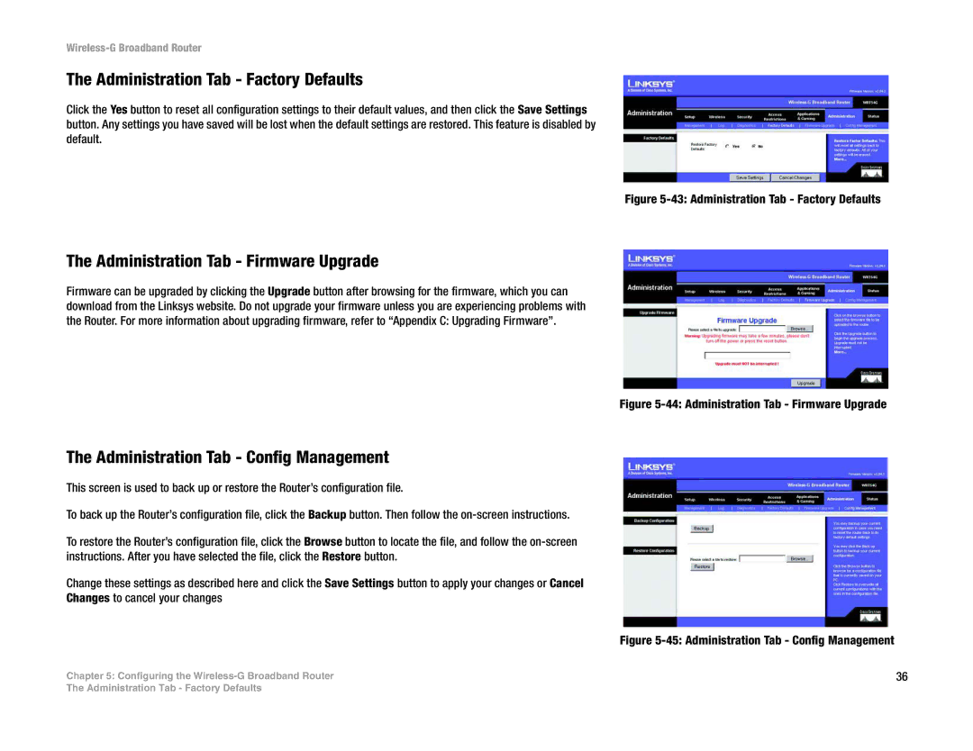 Linksys WRT54G(EU/LA) manual Administration Tab Factory Defaults, Administration Tab Firmware Upgrade 