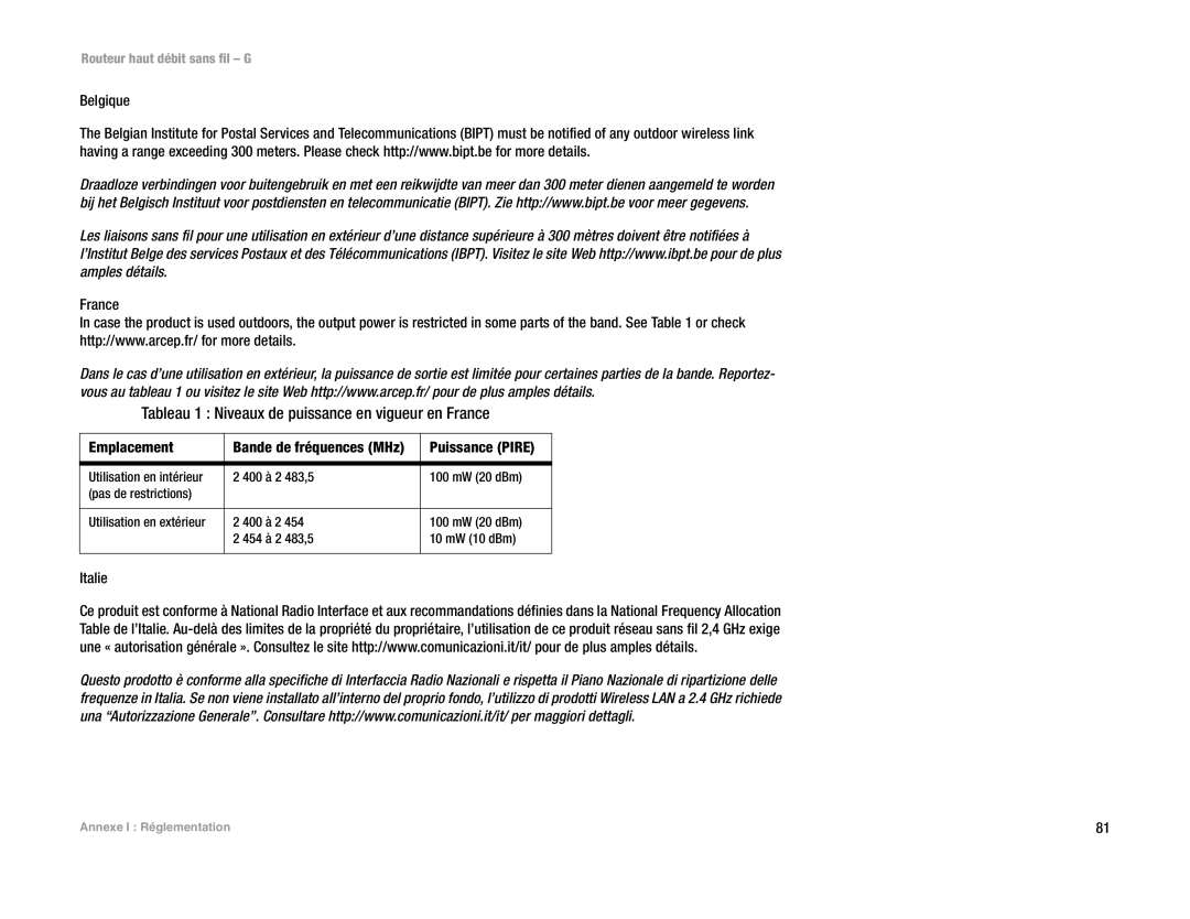 Linksys WRT54G(EU/LA) manual Tableau 1 Niveaux de puissance en vigueur en France, Belgique France, Italie 