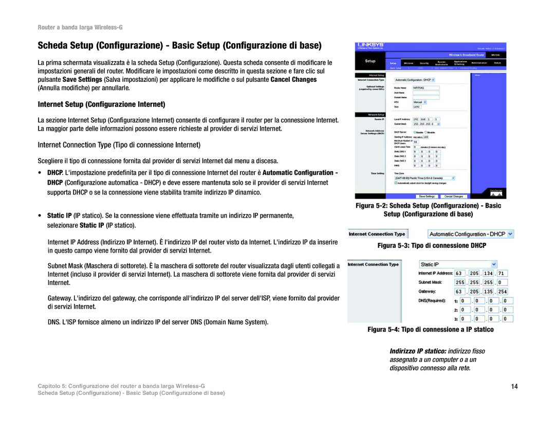 Linksys WRT54G(EU/LA) manual Internet Setup Configurazione Internet, Internet Connection Type Tipo di connessione Internet 