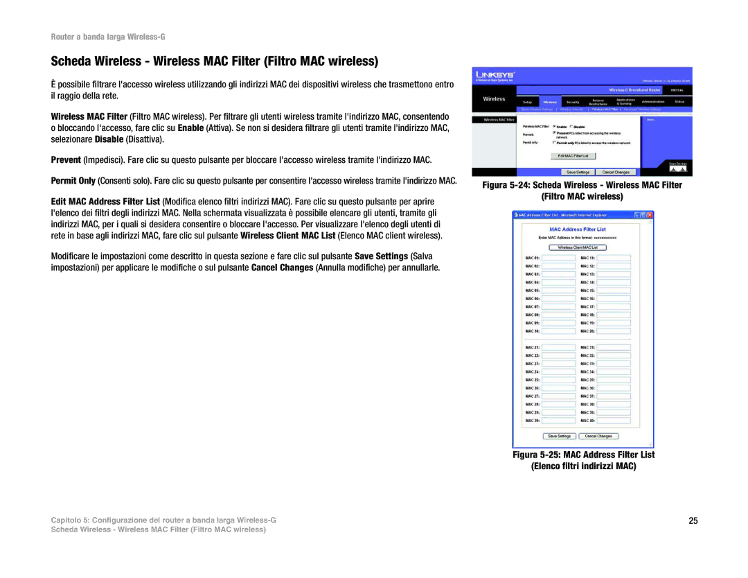 Linksys WRT54G(EU/LA) manual Scheda Wireless Wireless MAC Filter Filtro MAC wireless 