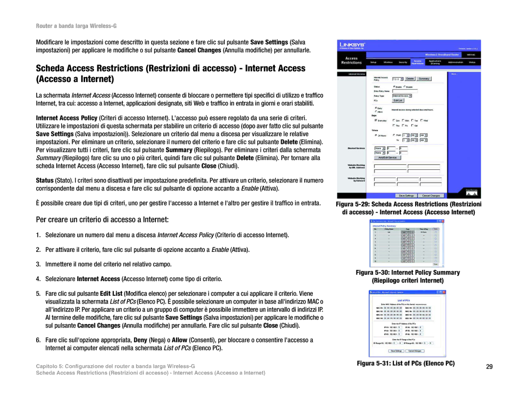 Linksys WRT54G(EU/LA) manual Per creare un criterio di accesso a Internet, Figura 5-31 List of PCs Elenco PC 