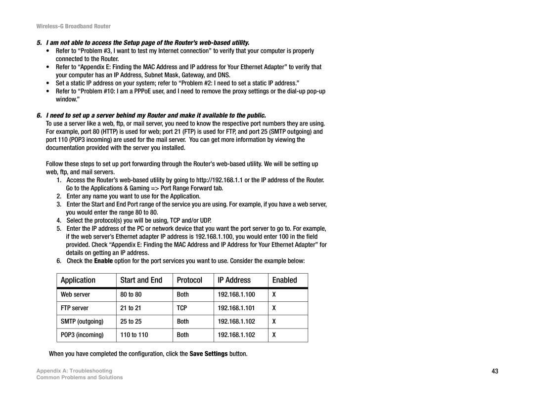 Linksys WRT54G(EU/LA) manual Application Start and End Protocol IP Address Enabled 