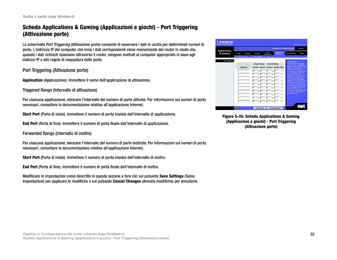 Linksys WRT54G(EU/LA) manual Port Triggering Attivazione porte, Triggered Range Intervallo di attivazione 