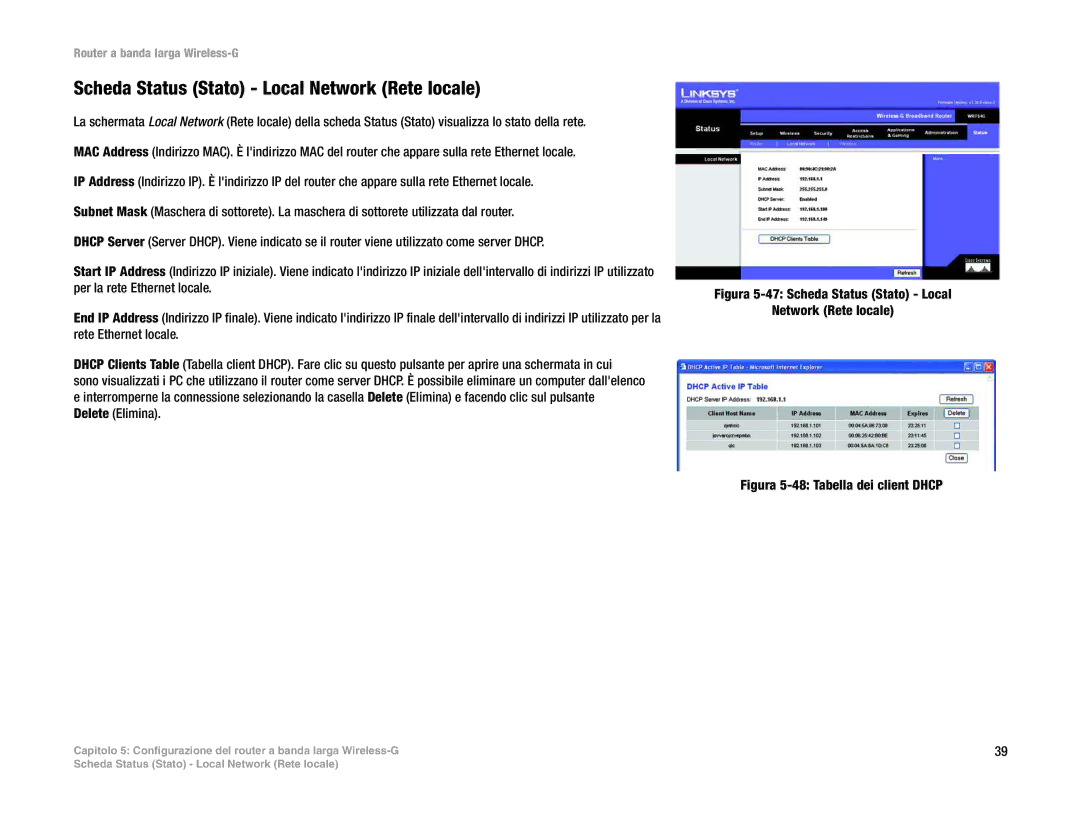 Linksys WRT54G(EU/LA) manual Scheda Status Stato Local Network Rete locale 