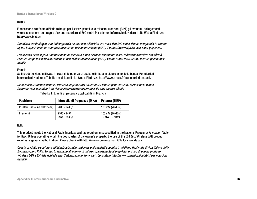 Linksys WRT54G(EU/LA) manual Tabella 1 Livelli di potenza applicabili in Francia, Belgio Francia 