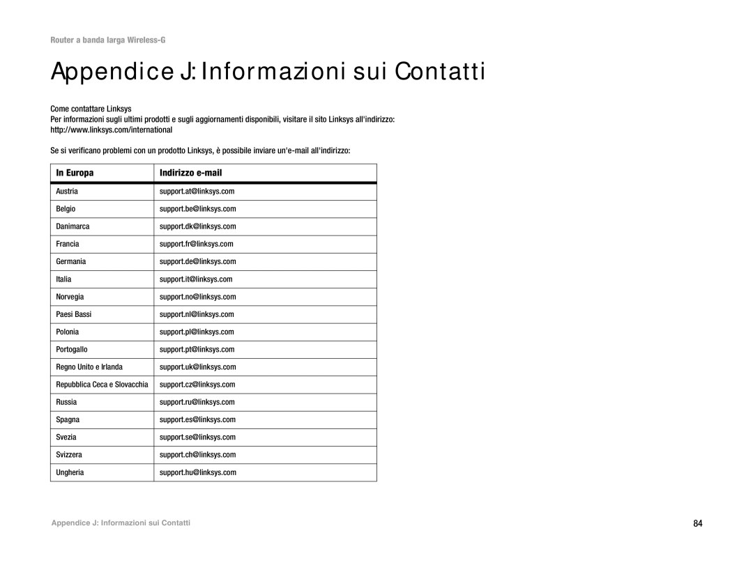 Linksys WRT54G(EU/LA) manual Appendice J Informazioni sui Contatti, Europa Indirizzo e-mail 