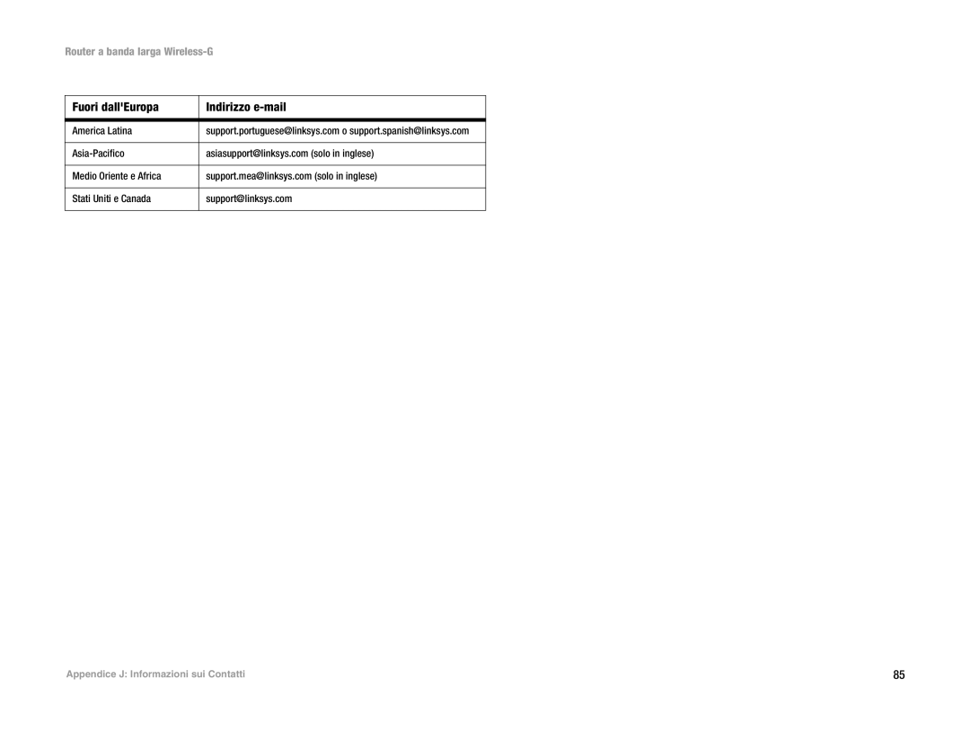 Linksys WRT54G(EU/LA) manual Fuori dallEuropa Indirizzo e-mail 
