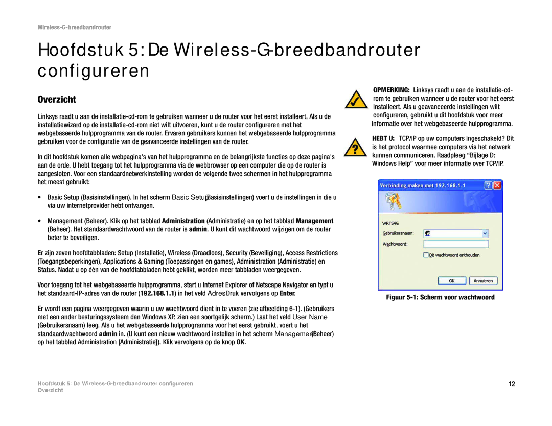 Linksys WRT54G(EU/LA) manual Hoofdstuk 5 De Wireless-G-breedbandrouter configureren, Figuur 5-1 Scherm voor wachtwoord 