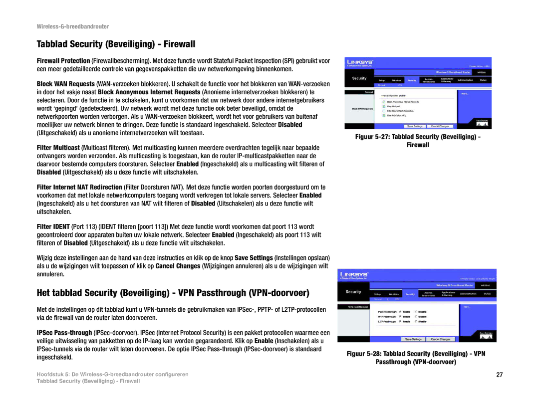 Linksys WRT54G(EU/LA) manual Tabblad Security Beveiliging Firewall 