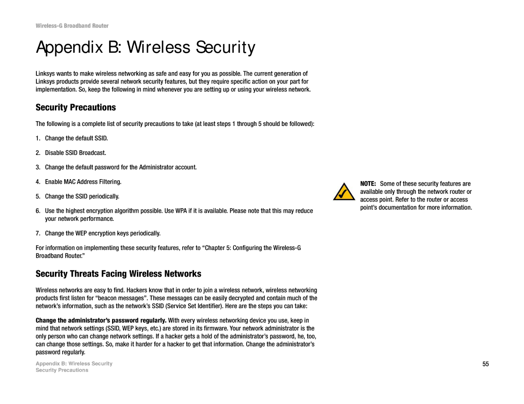 Linksys WRT54G(EU/LA) manual Appendix B Wireless Security, Security Precautions, Security Threats Facing Wireless Networks 