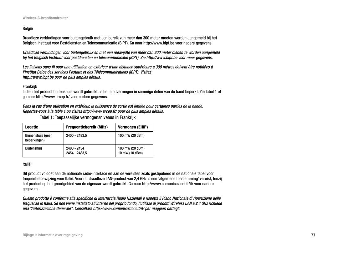 Linksys WRT54G(EU/LA) manual Tabel 1 Toepasselijke vermogensniveaus in Frankrijk, België, Italië 