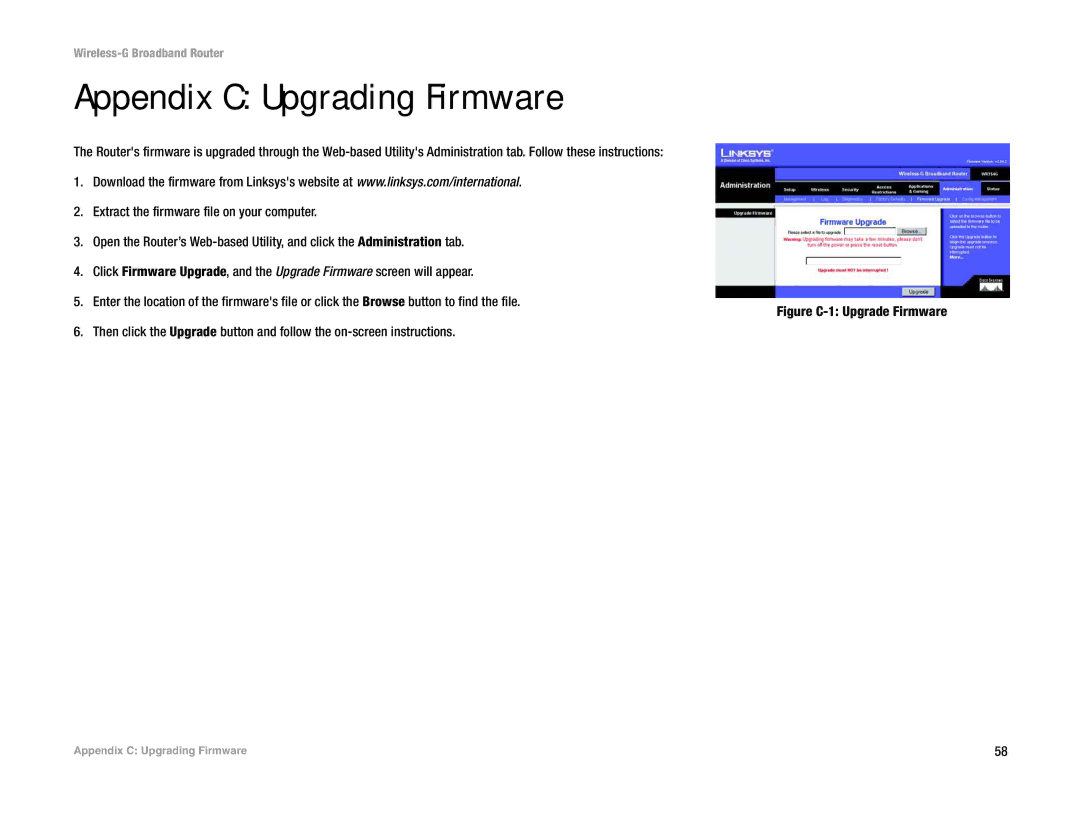 Linksys WRT54G(EU/LA) manual Appendix C Upgrading Firmware 