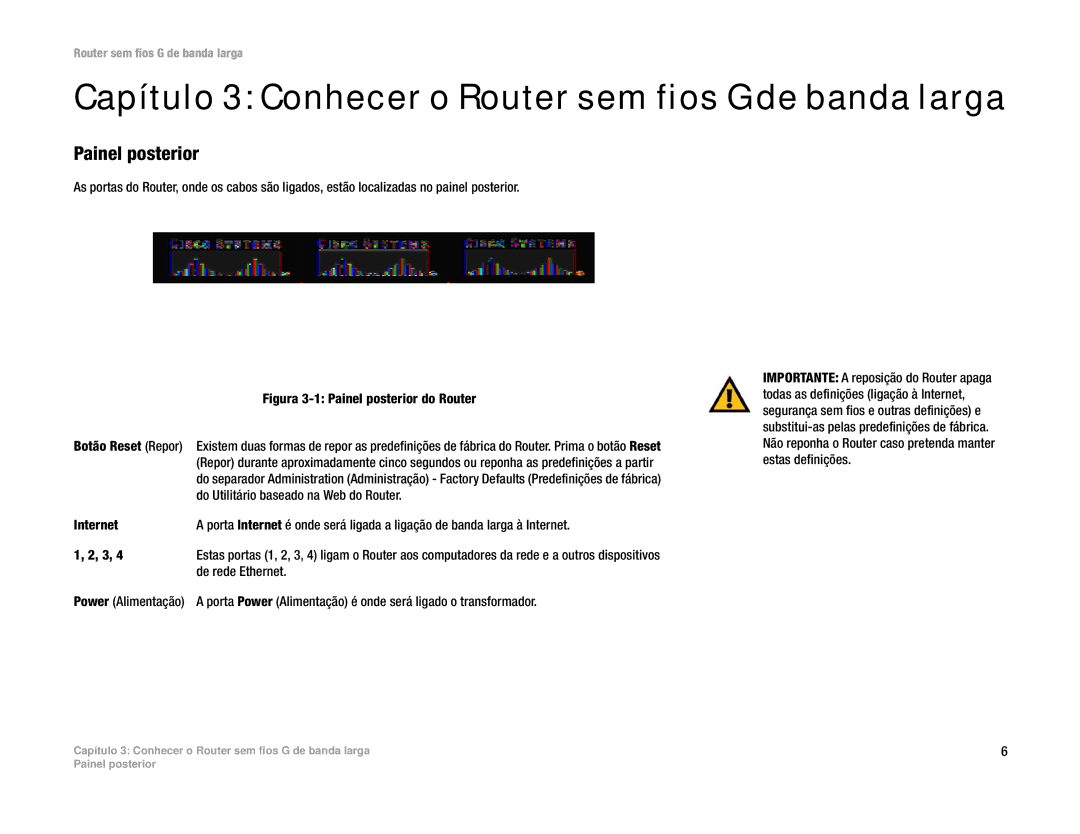 Linksys WRT54G(EU/LA) manual Capítulo 3 Conhecer o Router sem fios G de banda larga, Painel posterior, Botão Reset Repor 