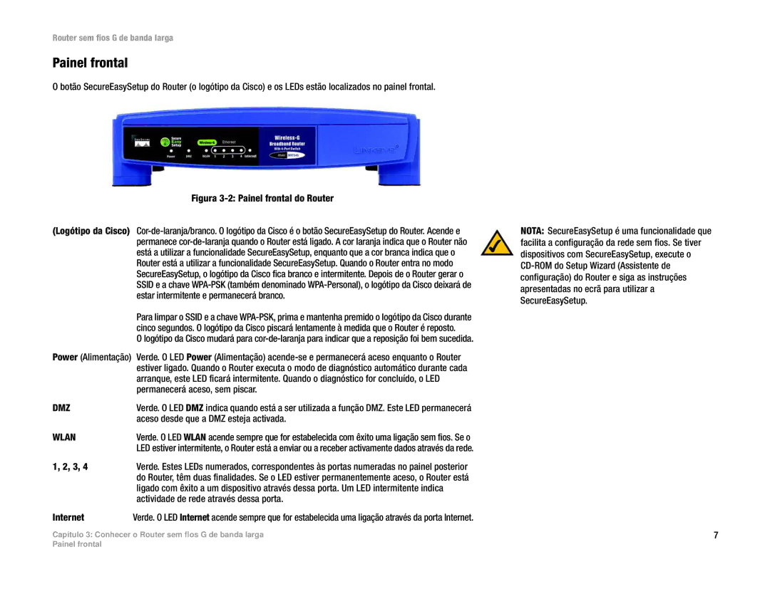 Linksys WRT54G(EU/LA) manual Painel frontal, Aceso desde que a DMZ esteja activada, Actividade de rede através dessa porta 