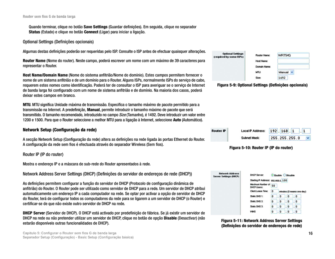 Linksys WRT54G(EU/LA) Optional Settings Definições opcionais, Network Setup Configuração da rede, Router IP IP do router 