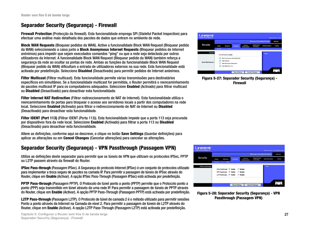 Linksys WRT54G(EU/LA) Separador Security Segurança Firewall, Separador Security Segurança VPN Passthrough Passagem VPN 