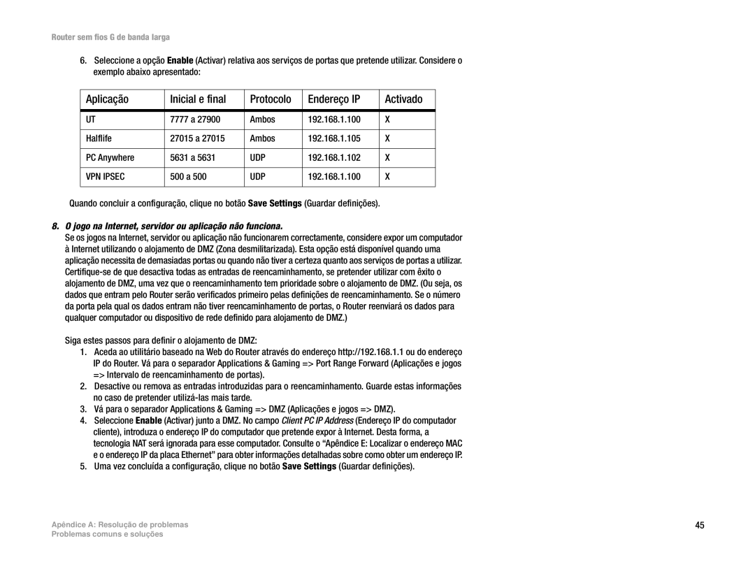 Linksys WRT54G(EU/LA) manual 500 a, Jogo na Internet, servidor ou aplicação não funciona 