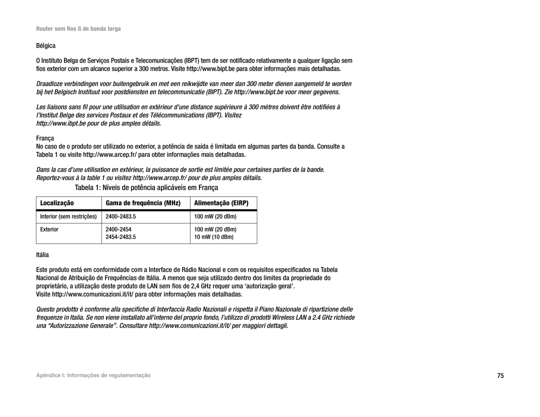 Linksys WRT54G(EU/LA) manual Tabela 1 Níveis de potência aplicáveis em França, Itália 