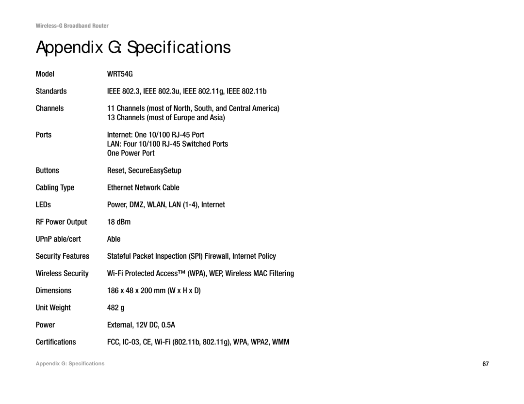 Linksys WRT54G(EU/LA) manual Appendix G Specifications 