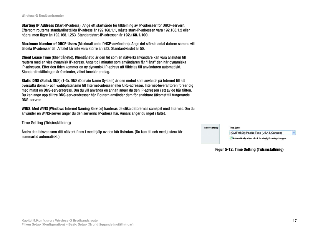 Linksys WRT54G(EU/LA) manual Time Setting Tidsinställning 