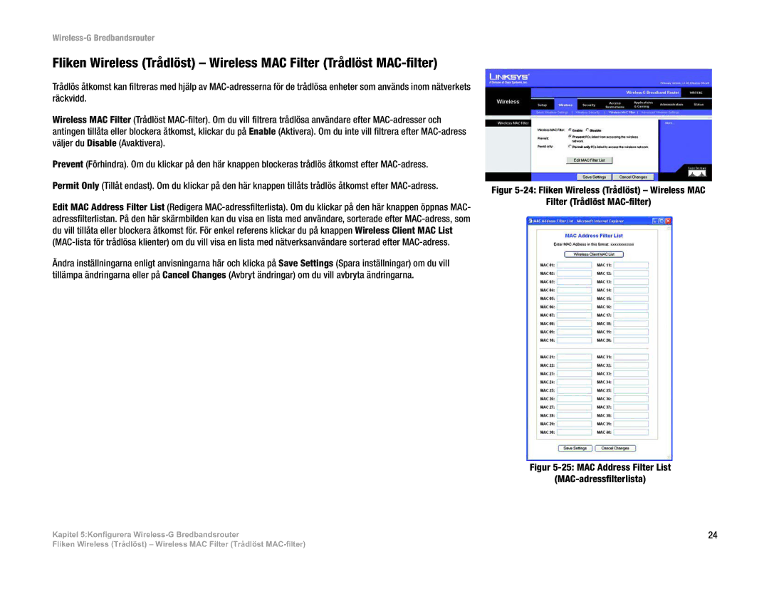 Linksys WRT54G(EU/LA) manual MAC Address Filter List MAC-adressfilterlista 