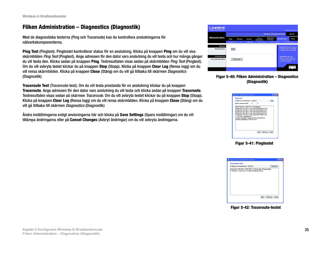 Linksys WRT54G(EU/LA) manual Fliken Administration Diagnostics Diagnostik 