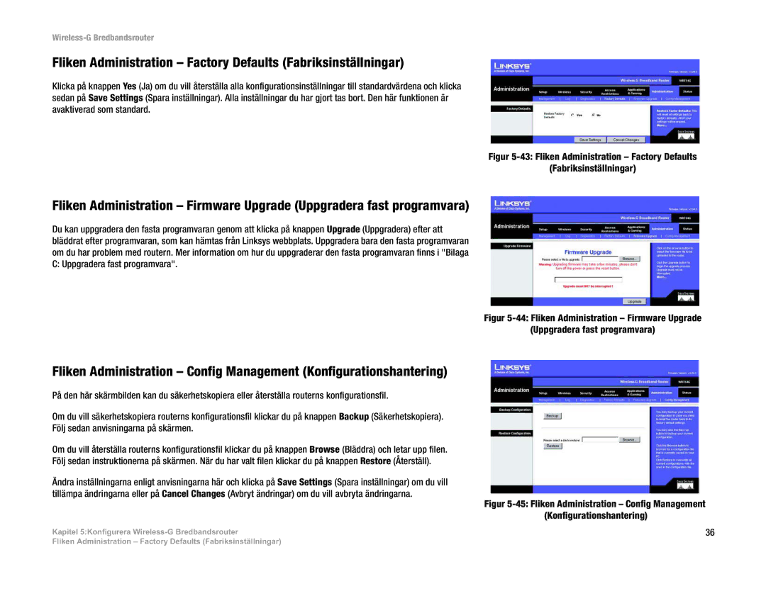 Linksys WRT54G(EU/LA) manual Fliken Administration Factory Defaults Fabriksinställningar 