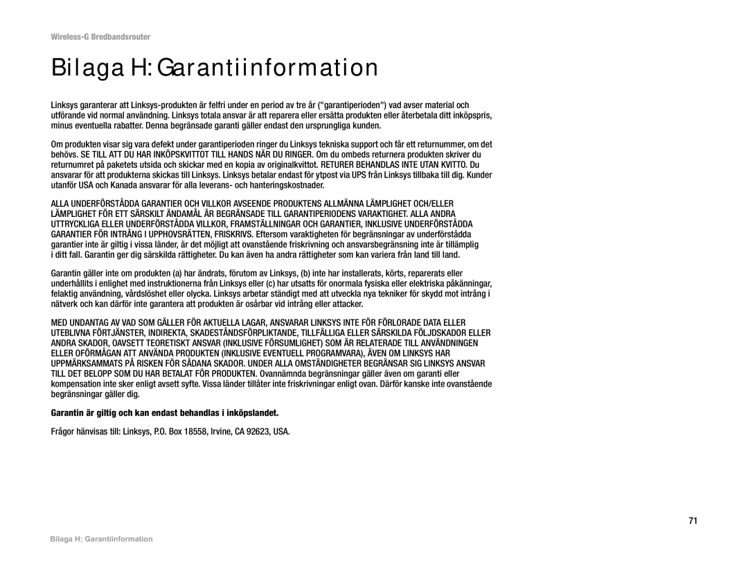 Linksys WRT54G(EU/LA) manual Bilaga H Garantiinformation 