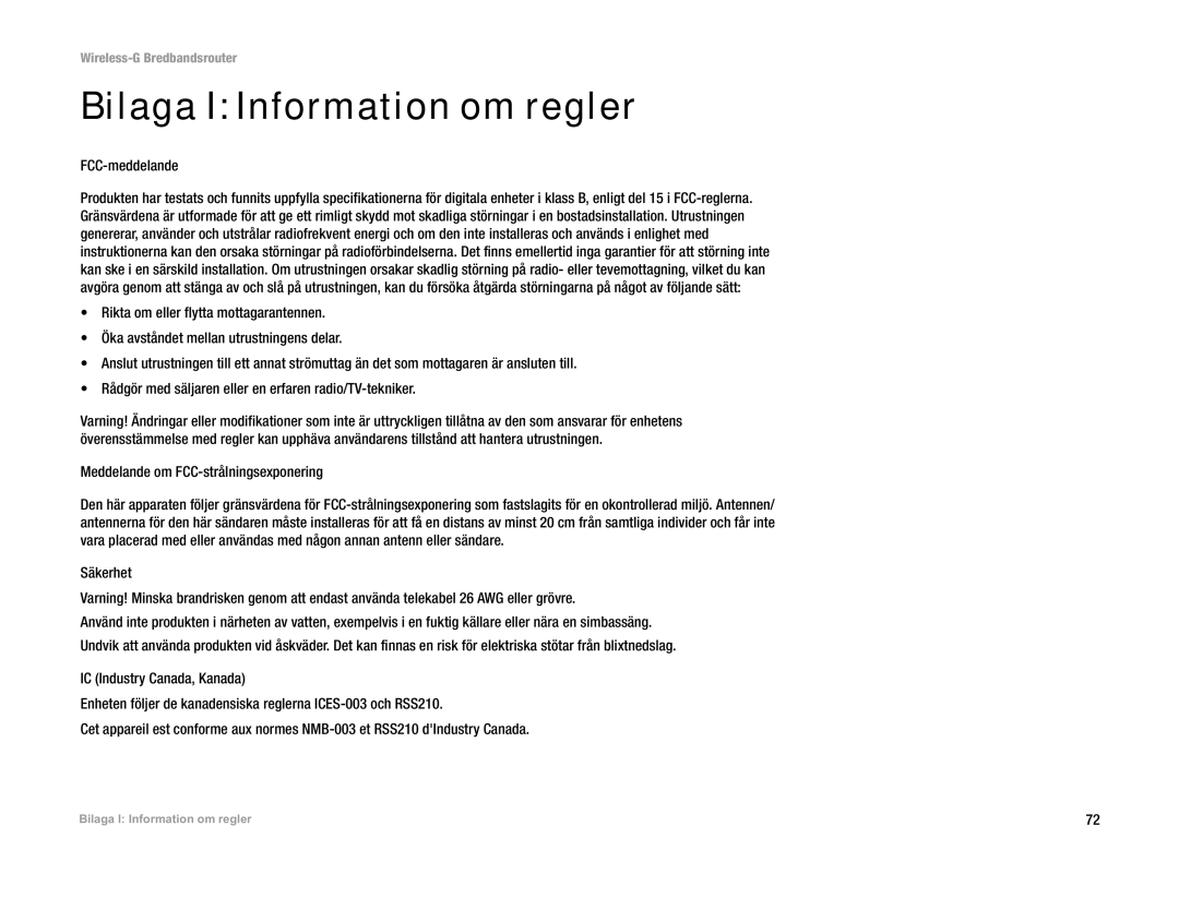 Linksys WRT54G(EU/LA) manual Bilaga I Information om regler, FCC-meddelande 