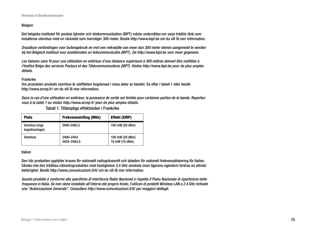 Linksys WRT54G(EU/LA) manual Tabell 1 Tillämpliga effektnivåer i Frankrike, Belgien Frankrike 