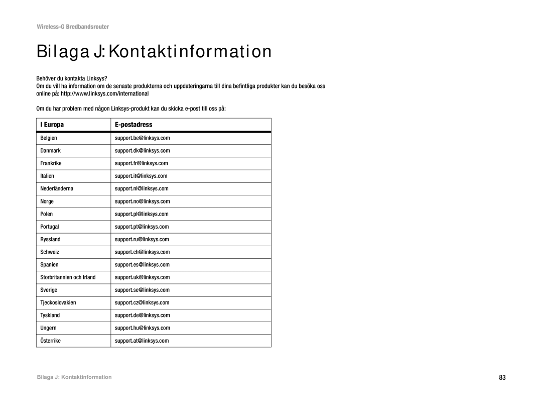 Linksys WRT54G(EU/LA) manual Bilaga J Kontaktinformation, Europa Postadress 