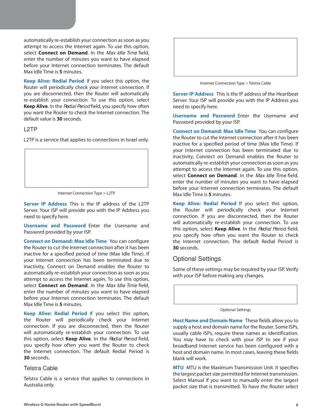 Linksys WRT54GH manual Optional Settings, Telstra Cable 