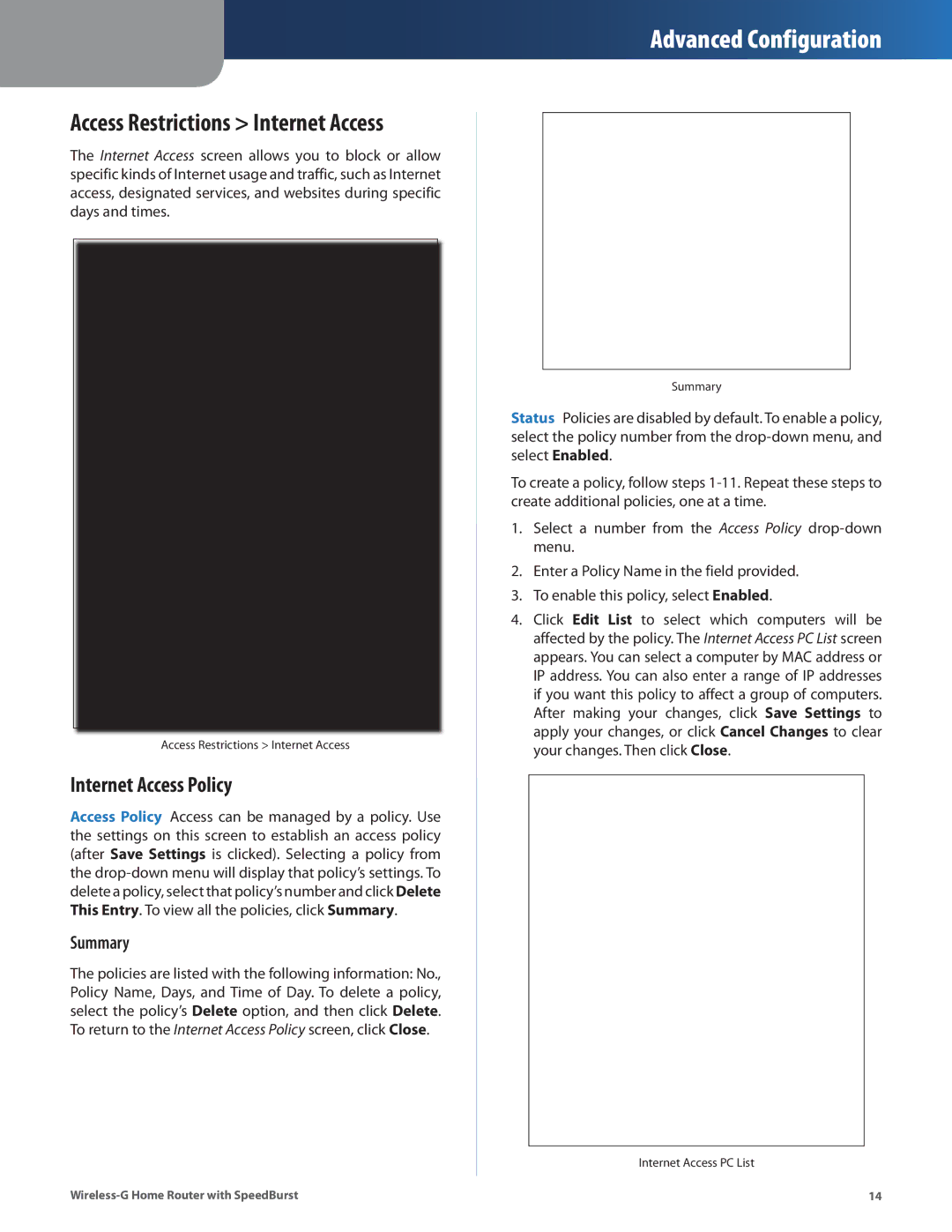 Linksys WRT54GH manual Internet Access Policy, Summary 
