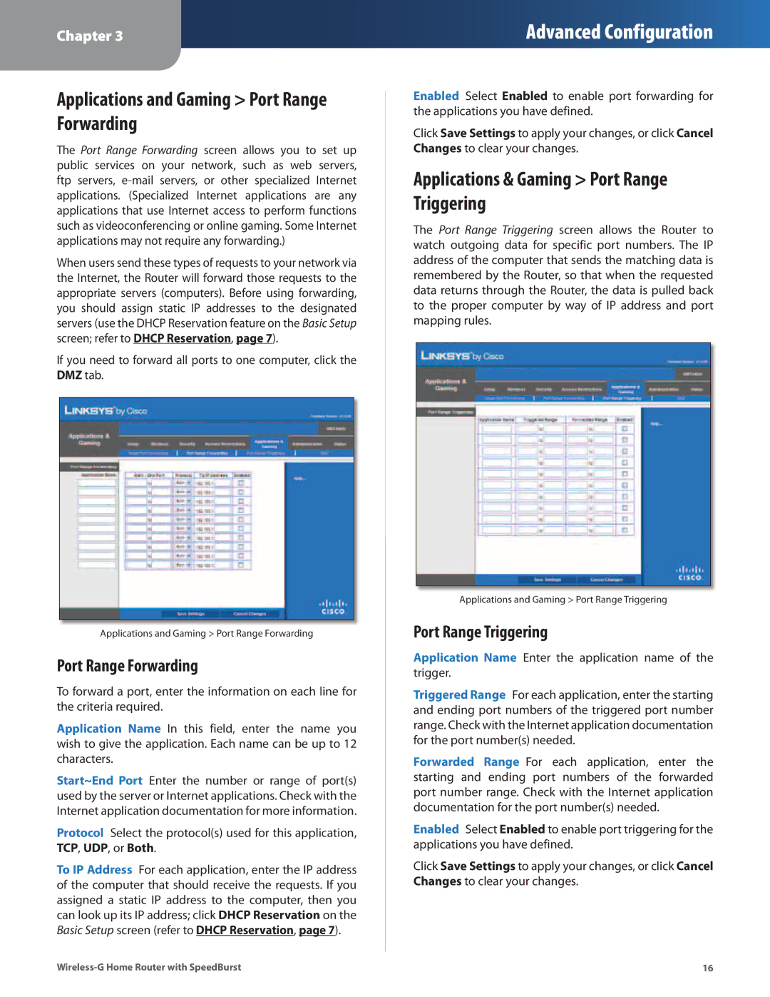 Linksys WRT54GH manual Applications and Gaming Port Range Forwarding, Applications & Gaming Port Range Triggering 