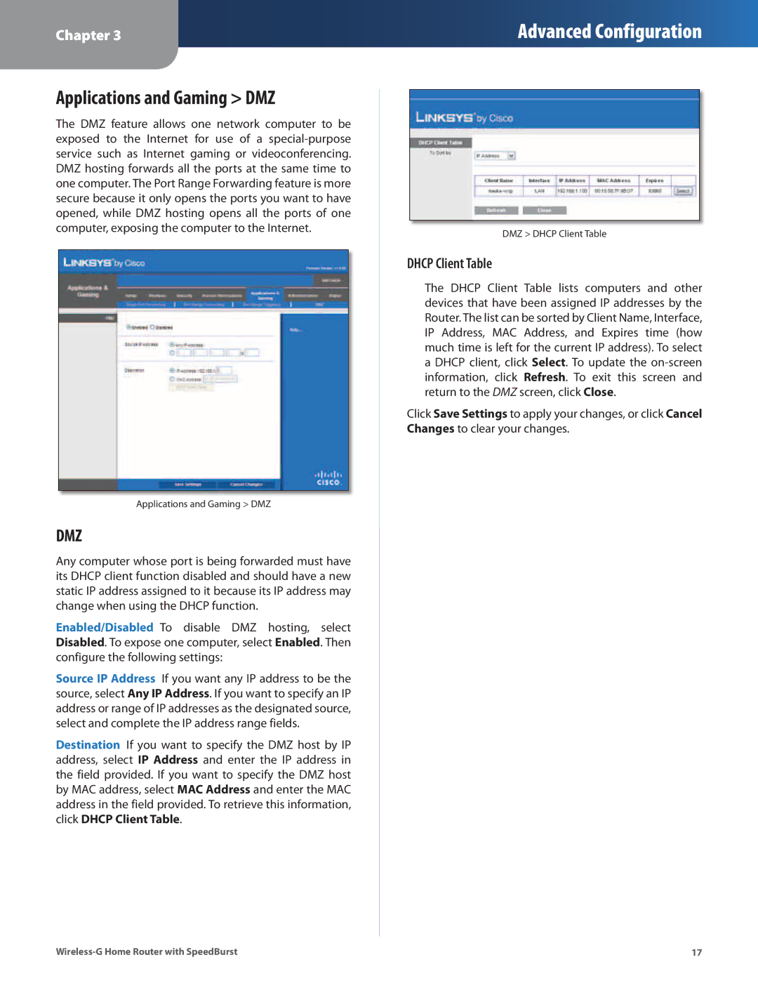 Linksys WRT54GH manual Applications and Gaming DMZ, Dhcp Client Table 