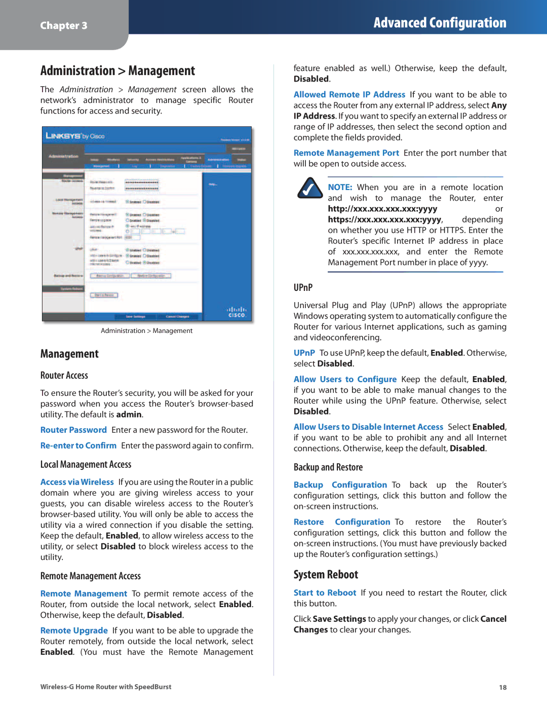 Linksys WRT54GH manual Administration Management, System Reboot 