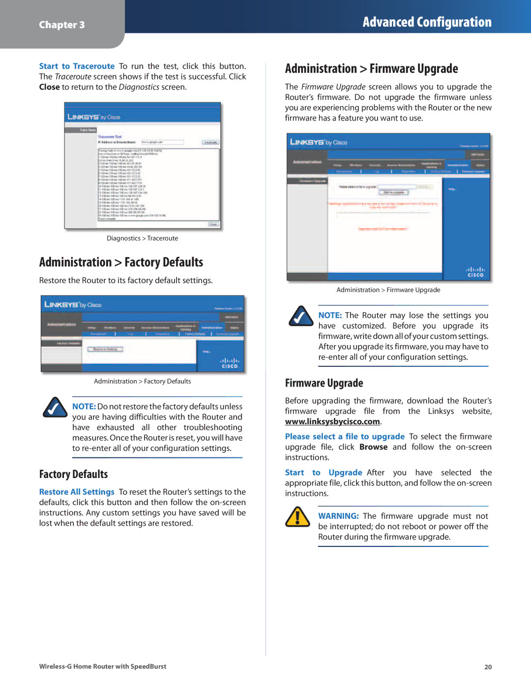 Linksys WRT54GH manual Administration Factory Defaults, Administration Firmware Upgrade 