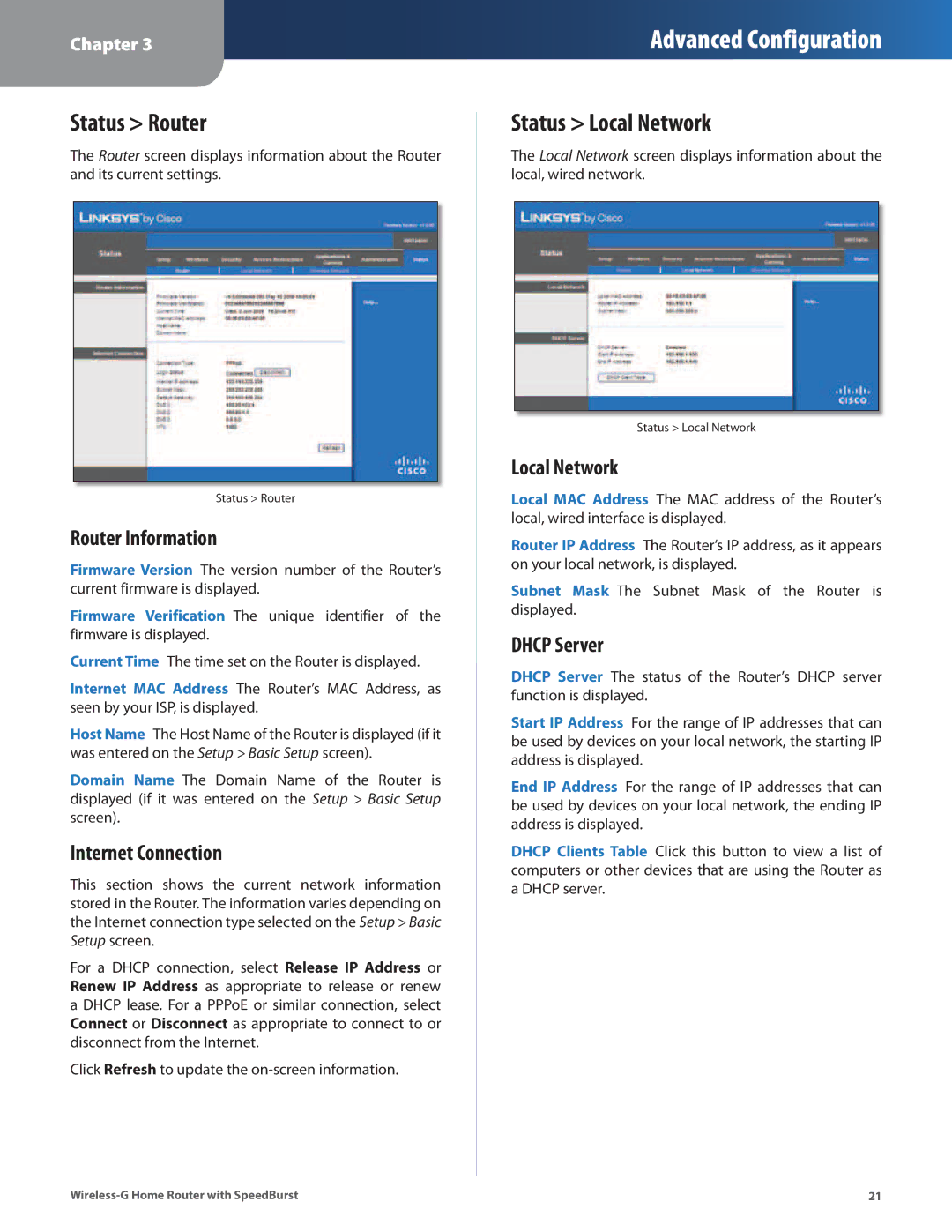 Linksys WRT54GH manual Status Router, Status Local Network 