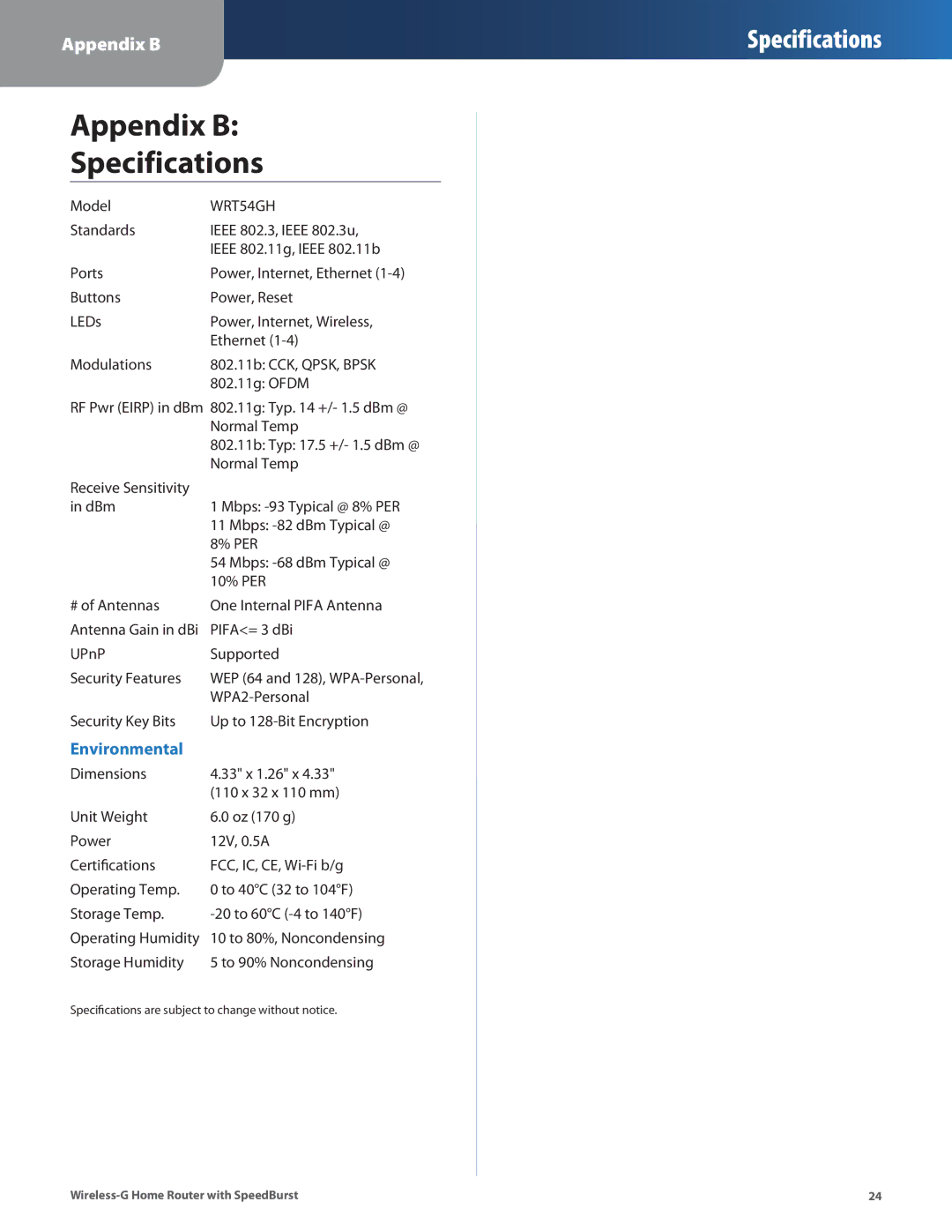 Linksys WRT54GH manual Appendix B Specifications 