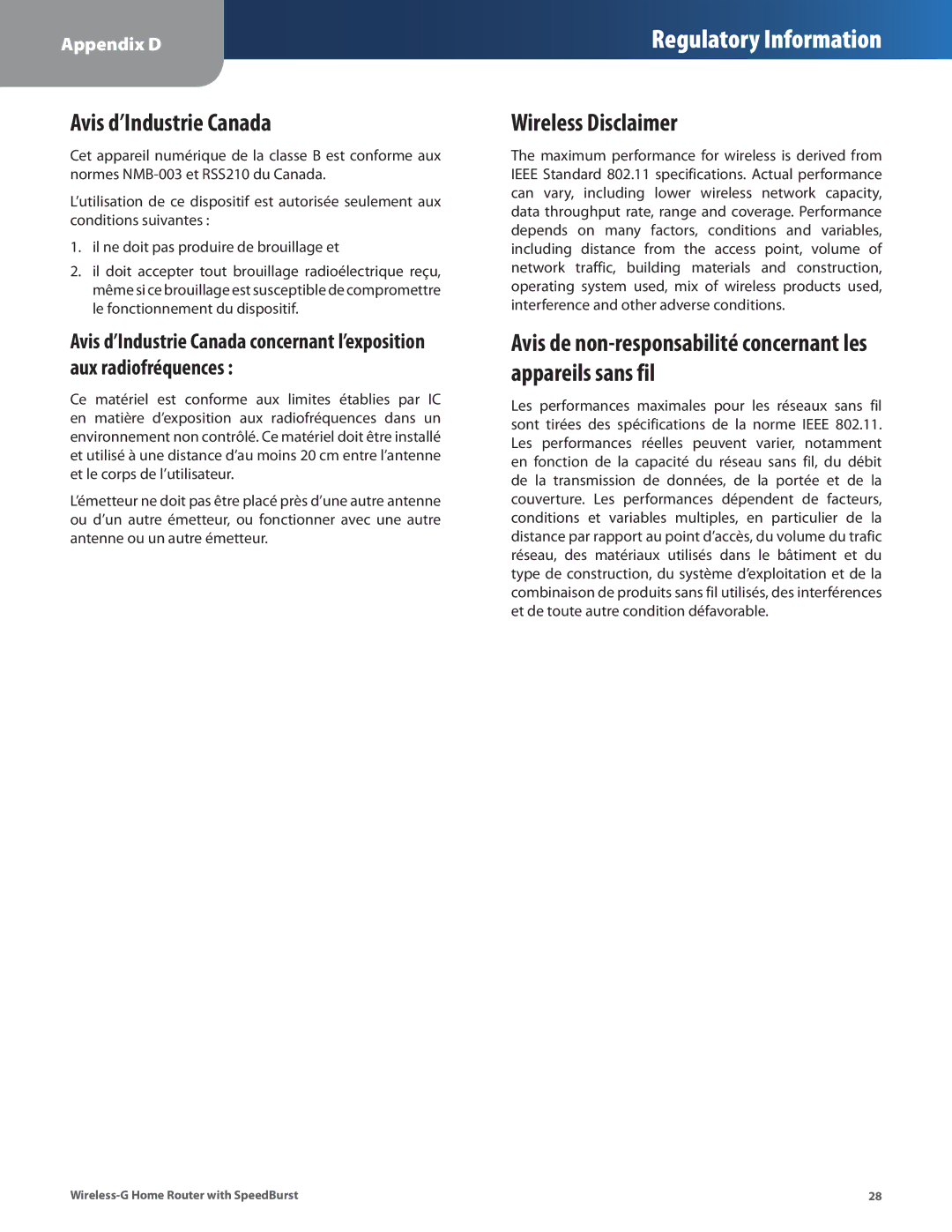 Linksys WRT54GH manual Avis d’Industrie Canada, Wireless Disclaimer 