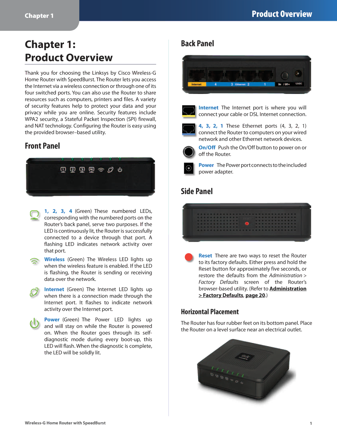 Linksys WRT54GH manual Front Panel, Back Panel, Side Panel, Horizontal Placement 