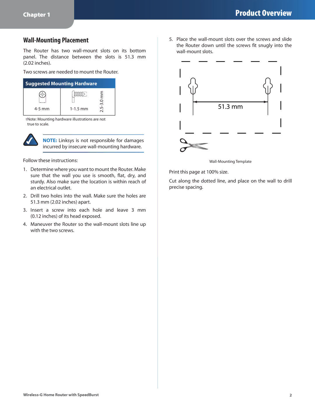 Linksys WRT54GH manual Wall-Mounting Placement, Suggested Mounting Hardware 